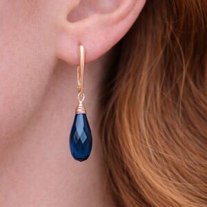 New London Blue Topaz Earrings 18k Rose Gold Vermeil European Lever Backs